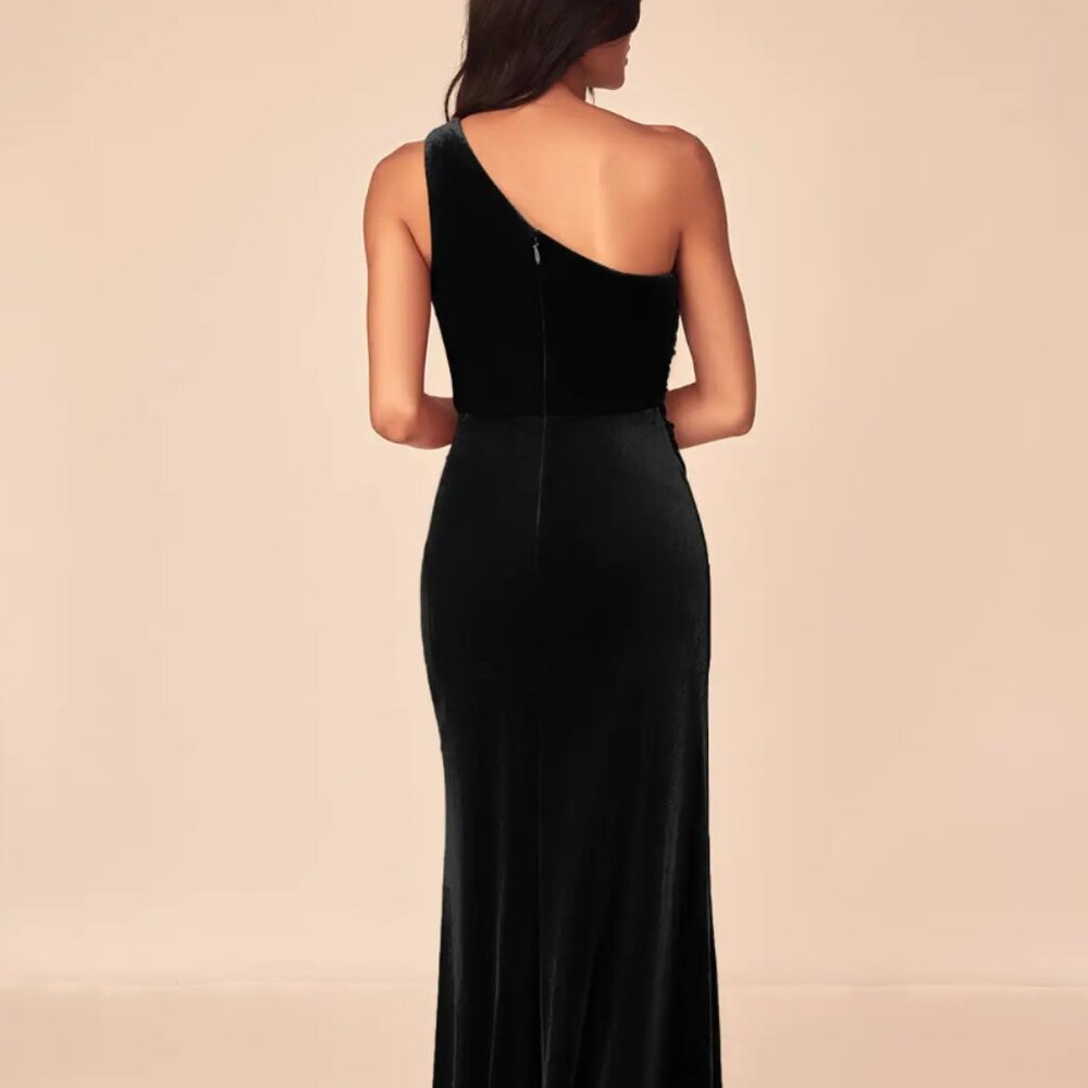 Azazie Black Mermaid One Shoulder Pleated Velvet Dress - Picture 2 of 7